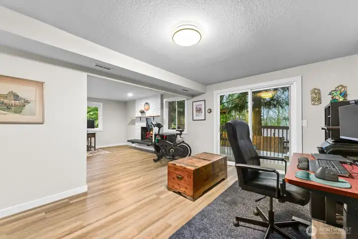 A spacious lower-level family room features LVP flooring and abundant natural light from windows on three sides and a Slider with direct access to the lower deck for seamless indoor-outdoor living.