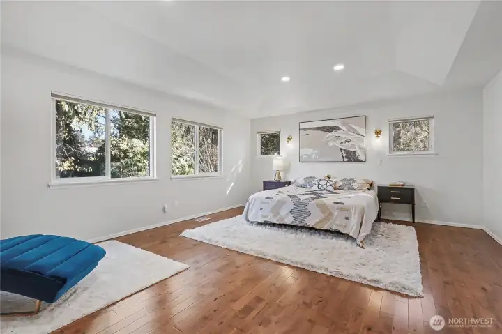 Primary bedroom view two, love the windows!