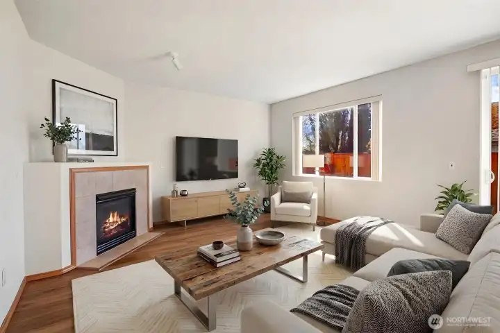 Virtually staged living room with gas fireplace