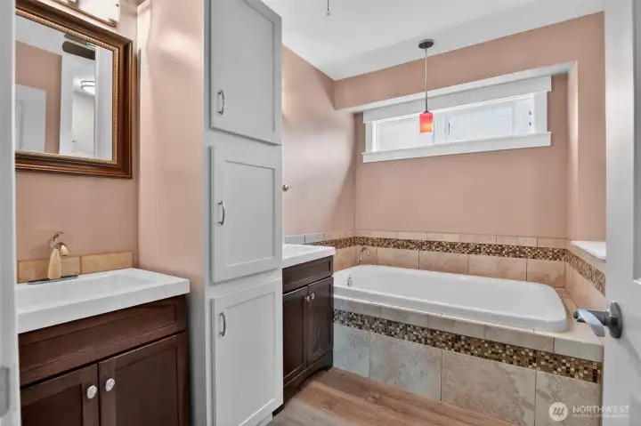 Primary bathroom with dual vanity Primary bathroom with dual vanity