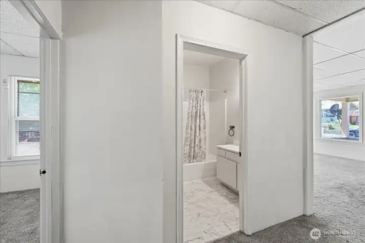 Bathroom looking at bedroom and living room Bathroom looking at bedroom and living room