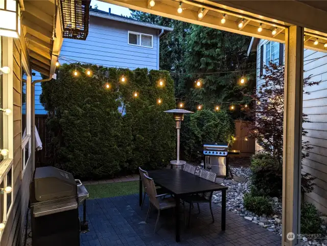 Lighted patio area for BBQ and privacy away.