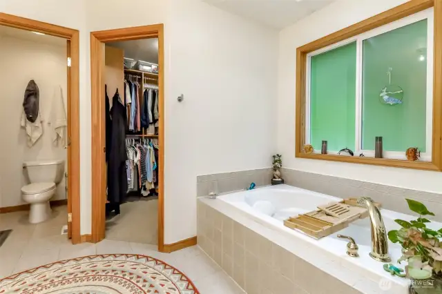 Large soaking tub with seperate shower and walk in closet with organizer