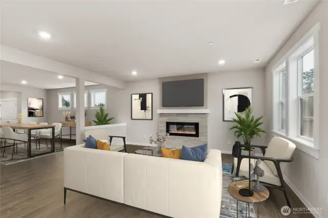 Virtually staged great room & formal dining.  Color may vary.