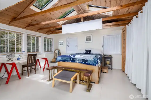Spacious primary with skylights, originally added on as an artists studio