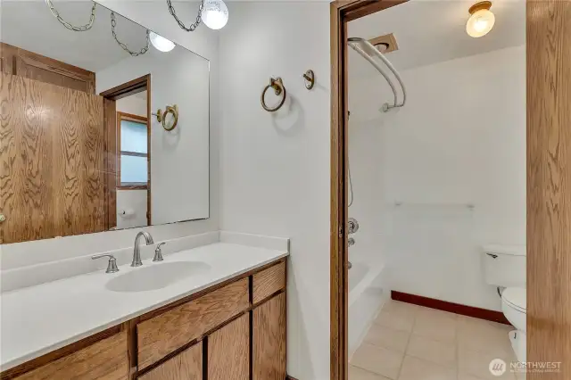 Primary bath with an adjoining tub/shower combo and toilet.
