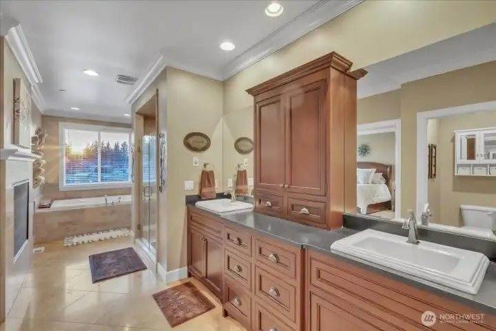 Master Bathroom, dual sided fireplace to the left
