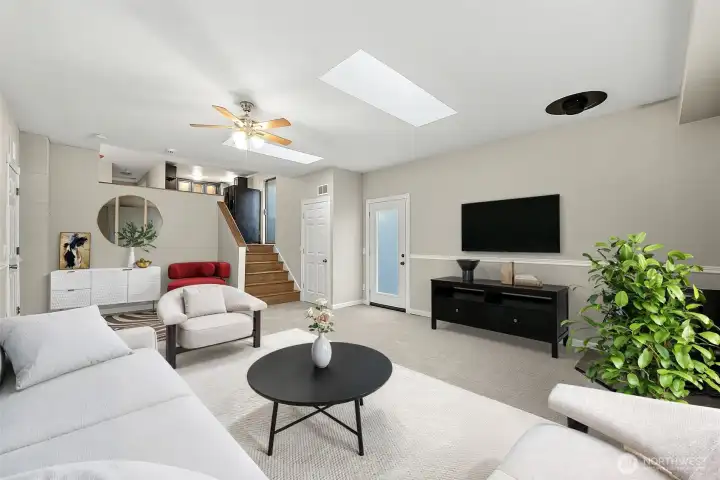 Lower Family Room with Pellet Stove..Virtually Staged