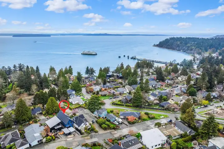 West facing views of ferry terminal, mountains and sound