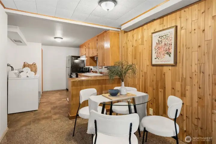 Lower level dining space and kitchen.