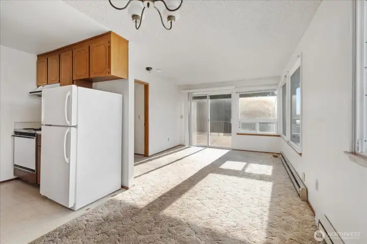 ADU living room with sliding door to large roof deck