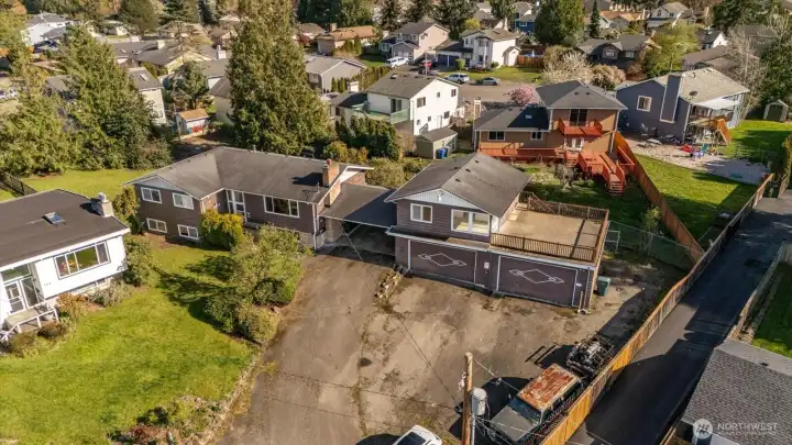 Ariel view of front of property shows the large amount of off-street parking