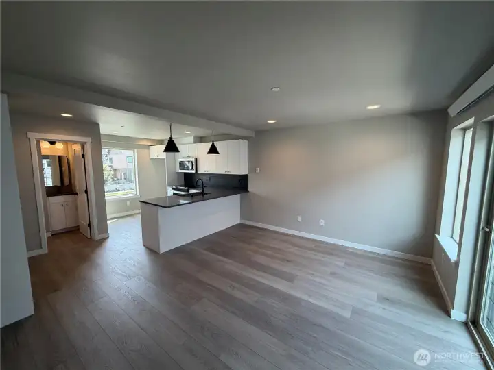Picture of 680 W Kline Rd. Living/kitchen with powder room to left