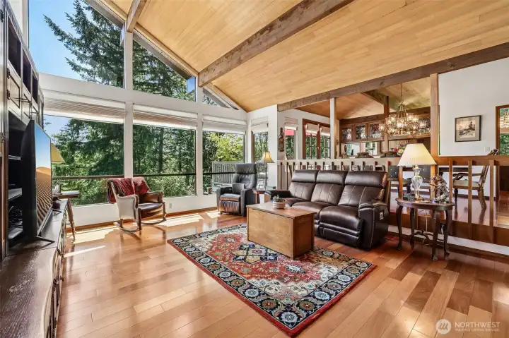 Open great room with walls of glass & forest views