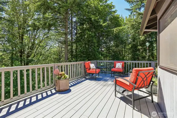 Wraparound trex decking with forest views