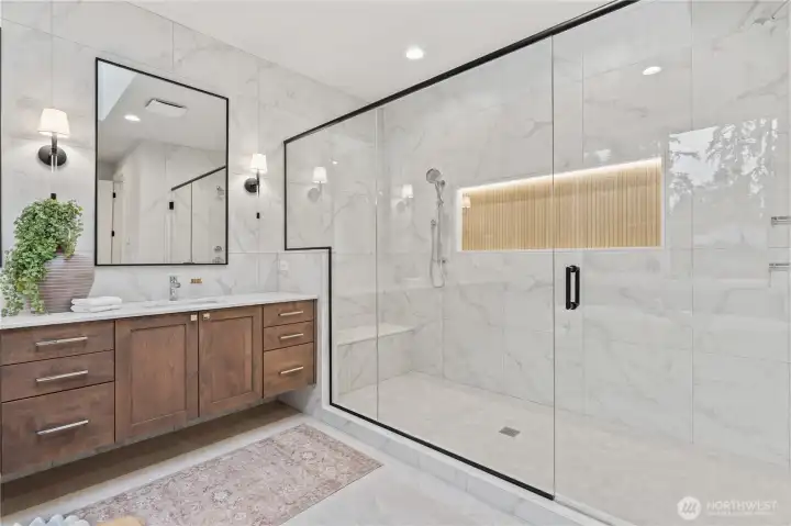 Dual head shower with backlit niche