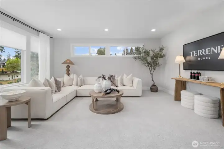 Generous bonus or recreation room for movie, lounging or play space