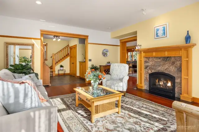 Classic gas fireplace brings additional ambiance to the living room.