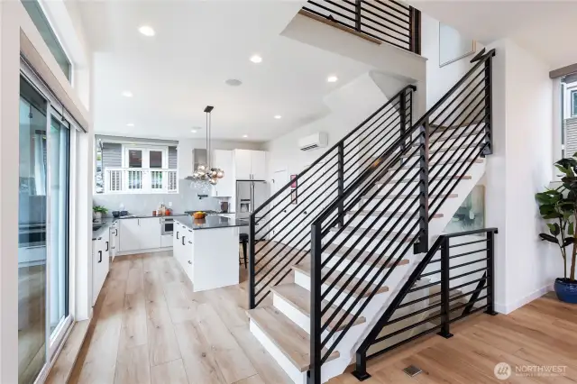 Steel and Oak plank center staircase