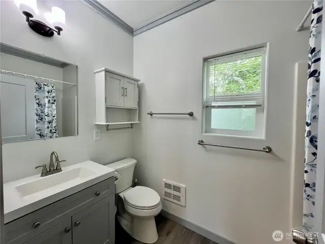 Guest Bathroom has a window, full bath tub and elegant design.