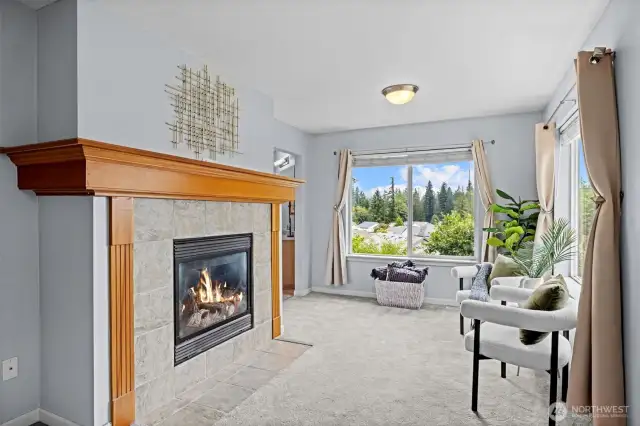 main suite with fireplace and sitting area