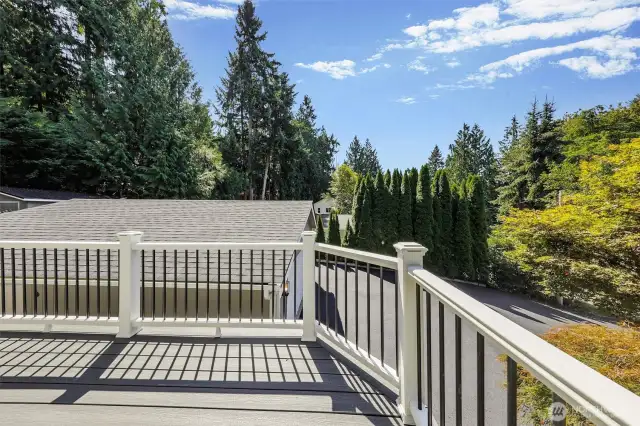 Deck surrounded by mature trees for a peaceful Sammamish retreat.