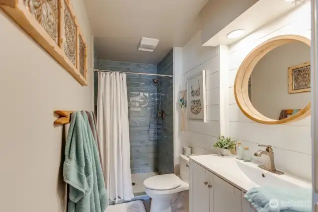 Lower level bath with a large shower