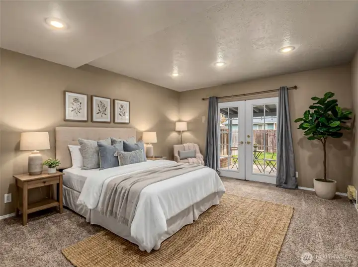 Virtual staging in bedroom with French doors