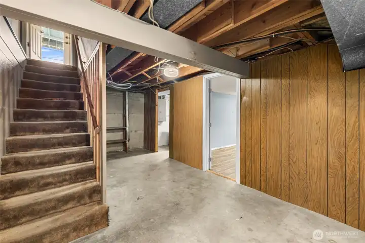 Downstairs to the basement.