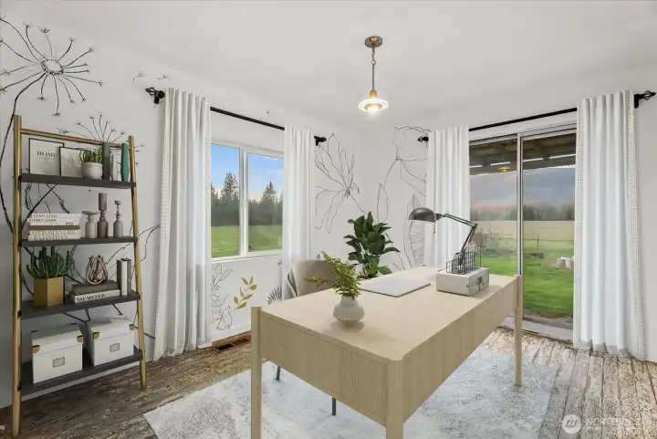 Spacious main level bedroom with large windows, stunning views and back patio access. [Photo is virtually staged.]