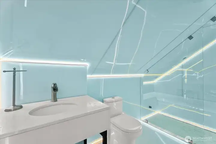 Newly installed world-class, luxury bathroom with a walk-in steam shower, built with quality in every aspect, with new plumbing, electrical, and ventilation.