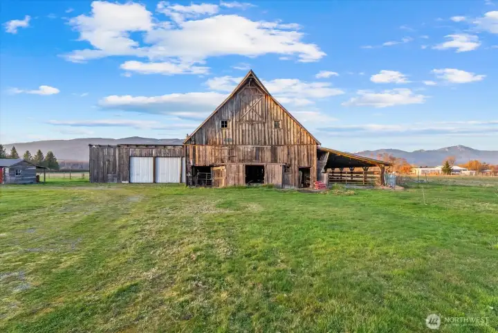 Front view of barn and shop/garage.
