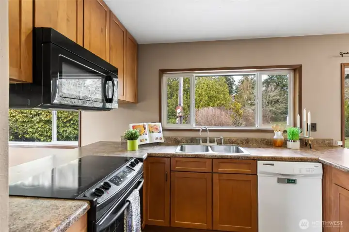 Another photo of the kitchen featuring the view toward the back yard.