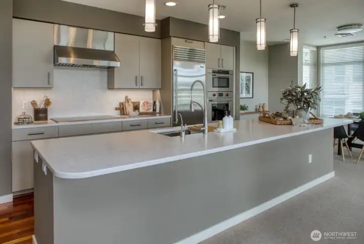 Stylish kitchen has been fully remodeled.