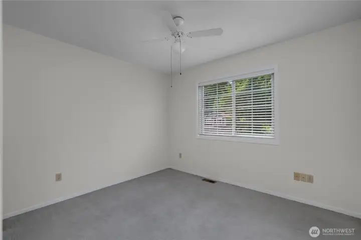 BR 3 - Bedroom with carpet, ceiling fan, large window, and clean neutral paint.