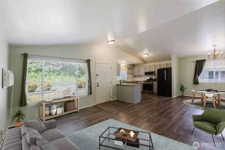 Open concept living area, staged.