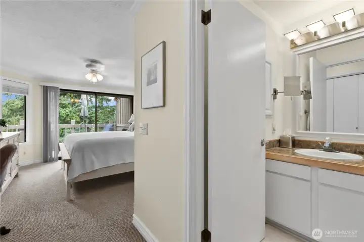 Spacious primary suite includes direct access to the ensuite bath and functional closet space. Spacious primary suite includes direct access to the ensuite bath and functional closet space.