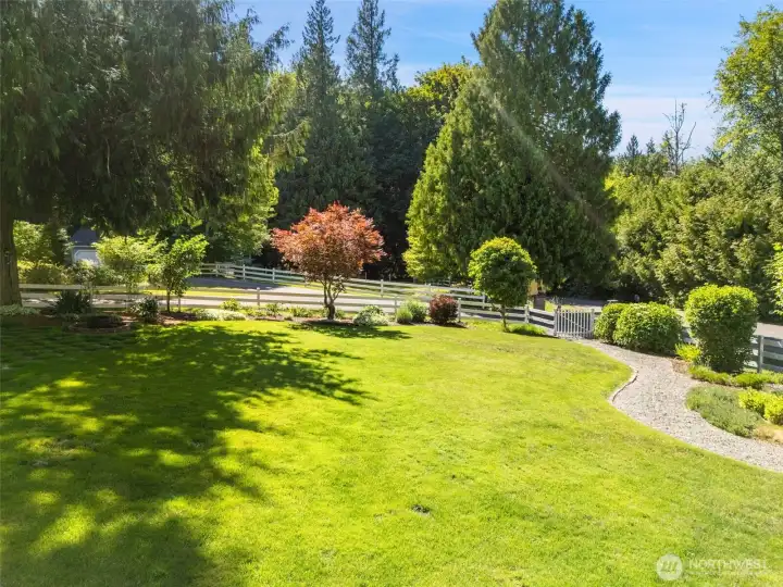 The expansive grounds feel like a private park, featuring a winding gravel walking path that cuts gracefully through the pristine lawn. Thoughtful landscaping includes a pop of seasonal color from a central Japanese Maple, all set against a backdrop of towering firs and cedars that provide unparalleled privacy.