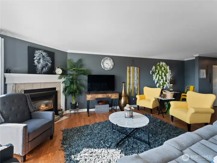 Wonderful living room with gas fireplace. Everything is ready for you!! Move right in and enjoy from day one. All furnishing stay - even the beautiful leather rug!