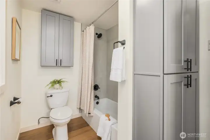 Exceptional bathroom storage with built-in linen cabinetry and thoughtfully designed organization. Exceptional bathroom storage with built-in linen cabinetry and thoughtfully designed organization.