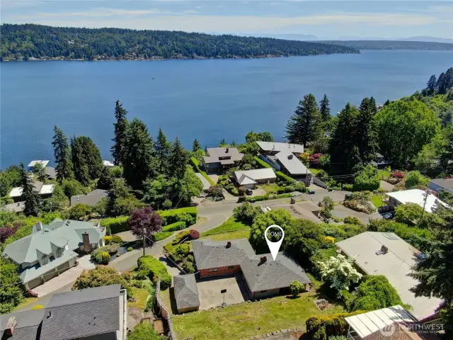 Aerial view of the property and view.