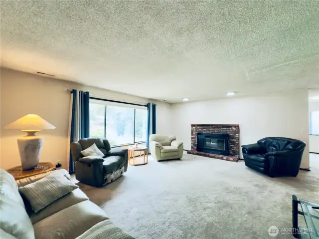 View from entryway into living room, large window to backyard, fireplace with insert make for cozy living.