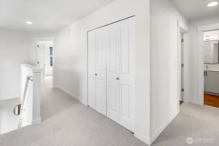 Upstairs hallway to bedrooms, laundry and full bath.