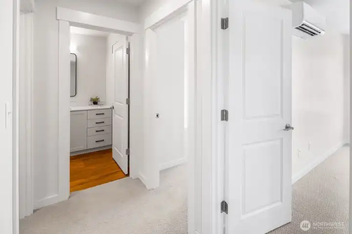 Upstairs hallway looking into 2 bedrooms and full bath.