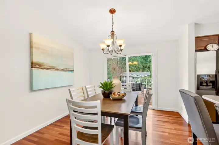 The dining area sits right next to the slider, so natural light and outdoor access become part of daily life. Step out to the deck for grilling, morning coffee, or a quiet evening outside, and appreciate the easy indoor outdoor connection. This is the kind of setup that makes entertaining feel natural and low effort.