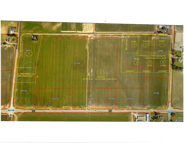 Property #1 is 75.1 Acres and consists of 10 parcels.  The potential exists, with lot line adjustments to create 6 residential lots that can be sold individually.  Lot #7 on this map is a 4.72 acre lot with a cell tower that has a 40 year lease.  Currently the owners receive over $24,000 a year in income.  Potential also exists for lot #8 to create an AG shot plot building site to be added later.  This map is a concept sketch of the potential with lot line adjustments.