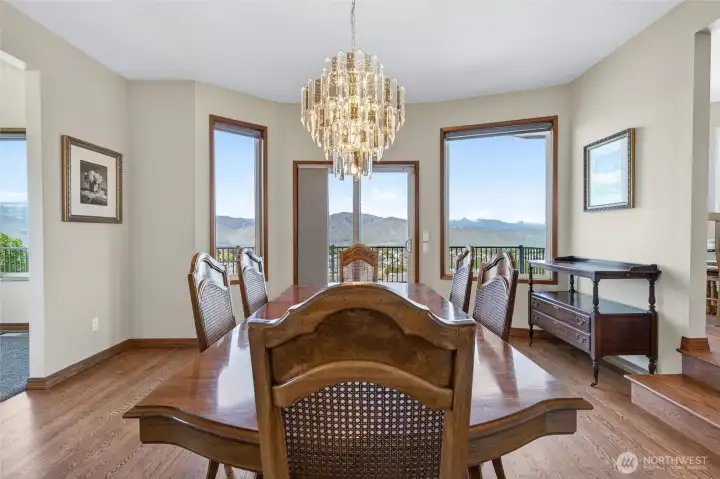 Dining room with mountain views and access to the deck.