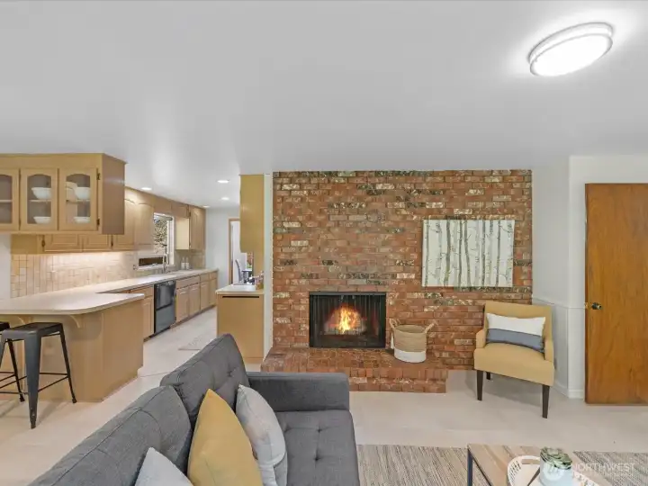 The family room also includes a wood burning fireplace.