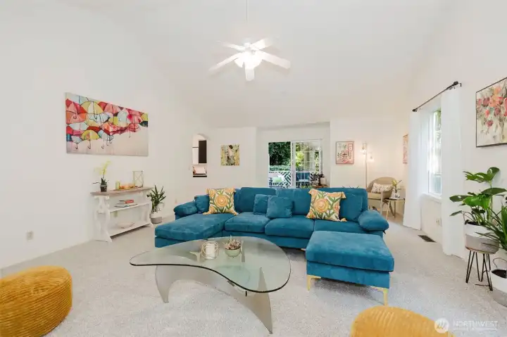 Living room looking toward deck and kitchen