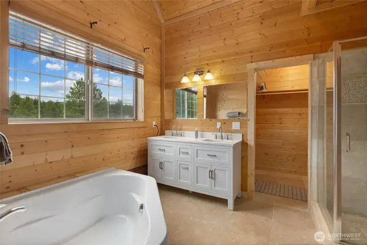Upper level primary suite with soaking tub and walk in closet Upper level primary suite with soaking tub and walk in closet